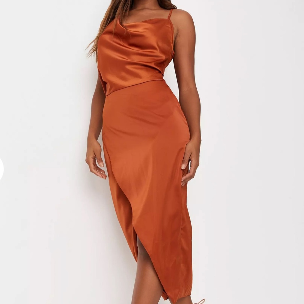 Missguided Rust Satin Drape Asymmetric Strap Midi Dress